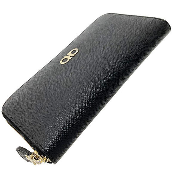 SALVATORE FERRAGAMO Long Wallet Gancini Round Calf Leather Black 22 O016 Icon Do - Picture 3 of 10